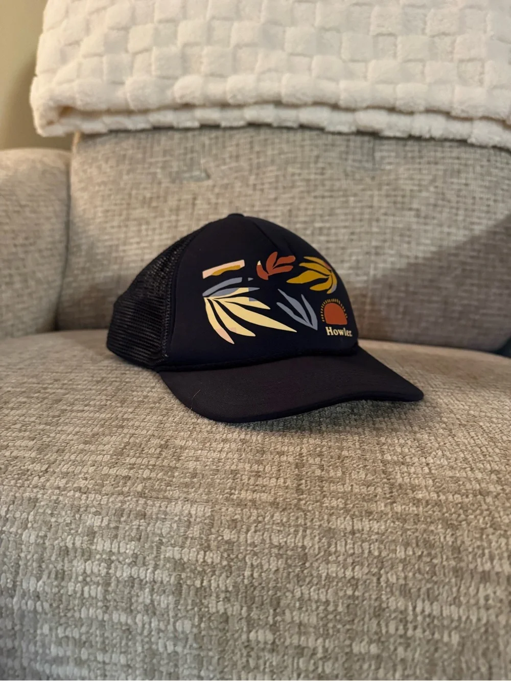 Howler Brothers Navy Mesh Trucker Cap with Multicolor Leaf Motif